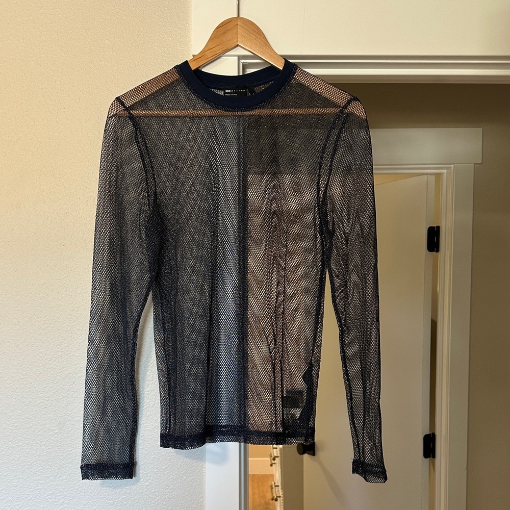 ASOS Navy Blue Mesh/Shimmer Long Sleeve Top